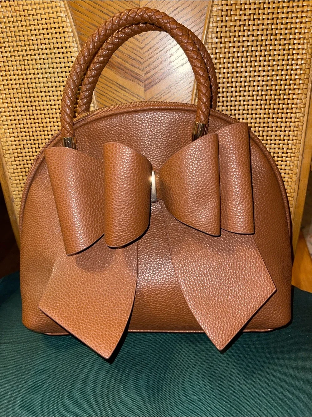 Structured Brown Top-Handle Satchel with Bow Accent NWOT